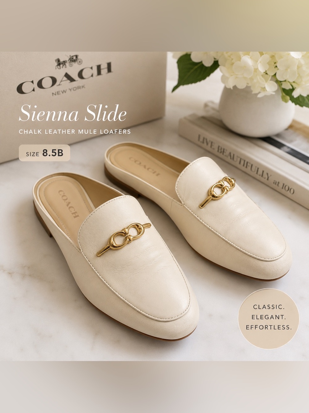 COACH Sienna Slide Chalk Leather Horsebit Mule Loafers Size 8.5